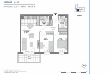 Rzut - Mieszkanie na sprzedaż 3 pokoje o powierzchni 65,34 m² - numer A.1.12 w Linea bud. A