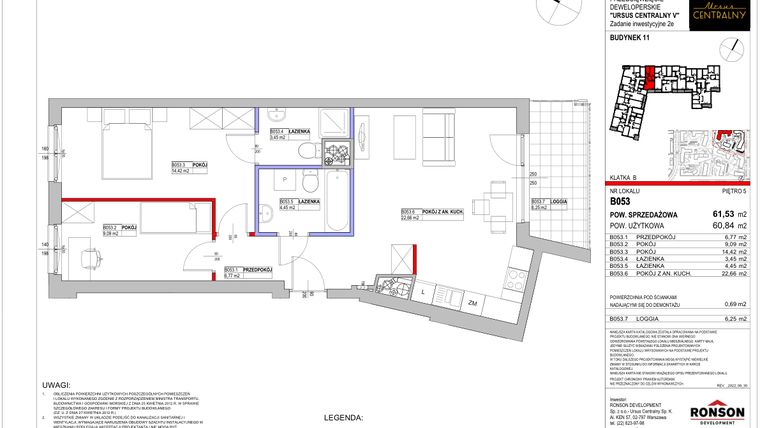Rzut - Mieszkanie na sprzedaż 3 pokoje o powierzchni 61,4 m² - numer 11.B053 w Ursus Centralny etap V