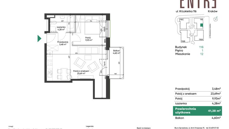 Rzut - Mieszkanie na sprzedaż 2 pokoje o powierzchni 41,38 m² - numer 116-M12 w Entre