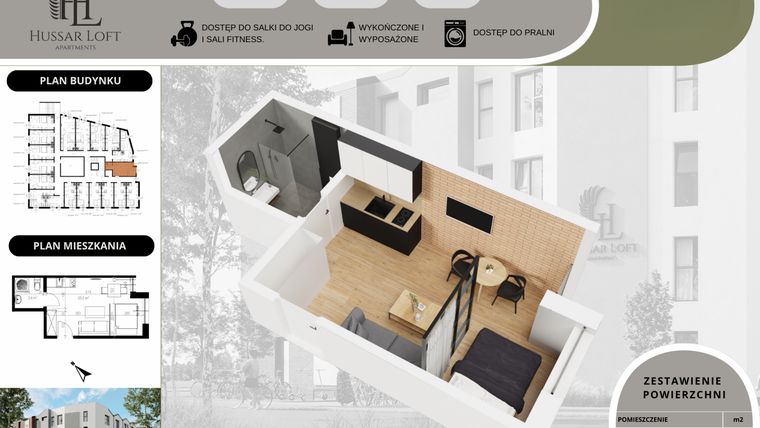 Rzut - Mieszkanie na sprzedaż 1 pokój o powierzchni 23,9 m² - numer 75 w Hussar Loft - Apartamenty inwestycyjne
