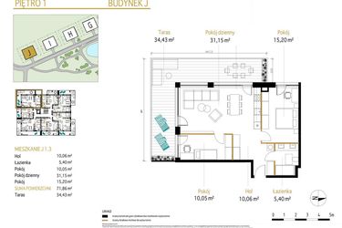 Rzut - Mieszkanie na sprzedaż 3 pokoje o powierzchni 71,86 m² - numer 1.3/J w Panorama Park