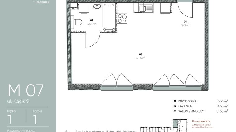 Rzut - Mieszkanie na sprzedaż 1 pokój o powierzchni 39,73 m² - numer M.7 w Ja\nas