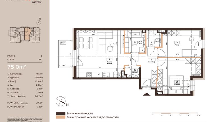 Rzut - Mieszkanie na sprzedaż 3 pokoje o powierzchni 75 m² - numer B6 w Domkove Widzew