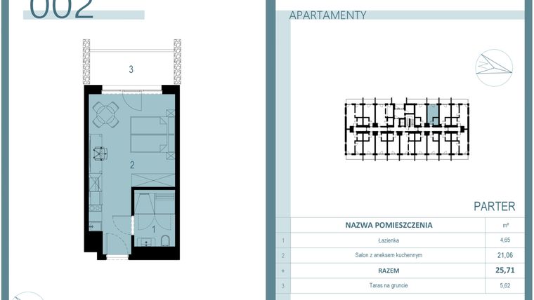 Rzut - Mieszkanie na sprzedaż 1 pokój o powierzchni 25,71 m² - numer 002 w Linea Mare Mrzeżyno