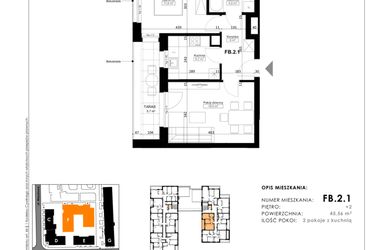 Rzut - Mieszkanie na sprzedaż 2 pokoje o powierzchni 45,56 m² - numer FB.2.1 w Nowy Folwark