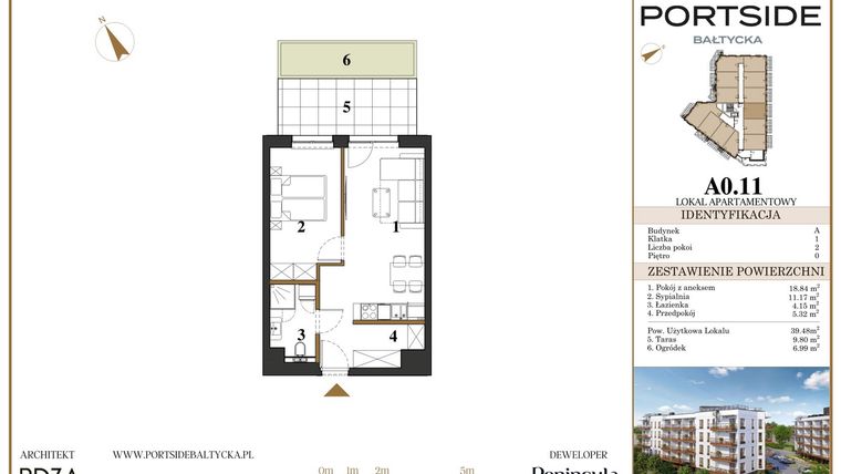 Rzut - Mieszkanie na sprzedaż 2 pokoje o powierzchni 39,48 m² - numer A0.11 w Portside Bałtycka