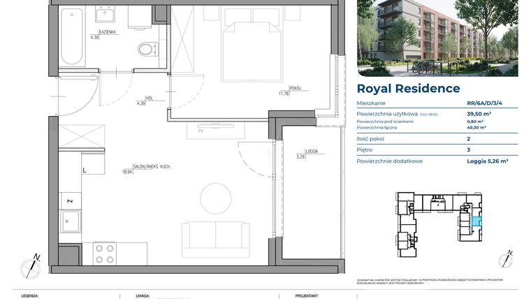Rzut - Mieszkanie na sprzedaż 2 pokoje o powierzchni 39,5 m² - numer RR/6A/D/3/4 w Royal Residence 6A