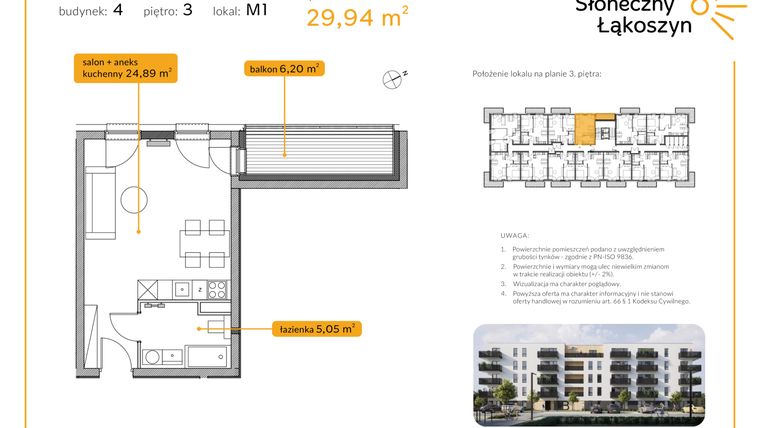Rzut - Mieszkanie na sprzedaż 1 pokój o powierzchni 29,94 m² - numer 4/M/3/1 w Osiedle Słoneczny Łąkoszyn bud. 4