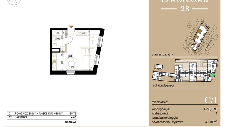 Rzut - Mieszkanie na sprzedaż 1 pokój o powierzchni 30,39 m² - numer C1 w Dworcowa 28