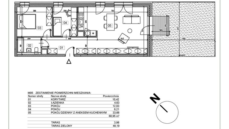 Rzut - Mieszkanie na sprzedaż 3 pokoje o powierzchni 68,77 m² - numer J.M05 w Osiedle Glivia Zachodnia