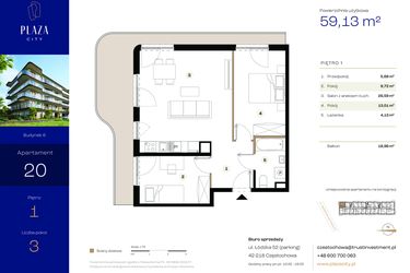 Rzut - Mieszkanie na sprzedaż 3 pokoje o powierzchni 59,13 m² - numer B6M20 w Plaza City