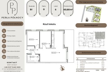 Rzut - Mieszkanie na sprzedaż 3 pokoje o powierzchni 60,8 m² - numer B1.0_6 w Perła Północy etap 2