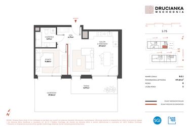 Rzut - Mieszkanie na sprzedaż 2 pokoje o powierzchni 49,18 m² - numer B.0.1 w Drucianka Wschodnia