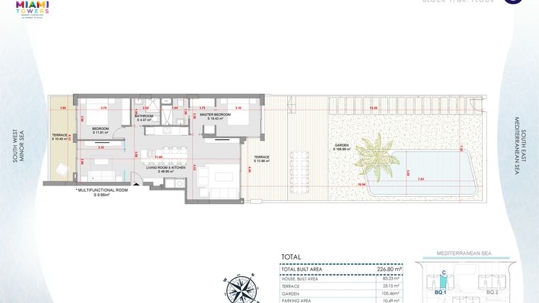 Rzut - Mieszkanie na sprzedaż 3 pokoje o powierzchni 226,8 m² - numer PB-BL1-C w Miami Towers