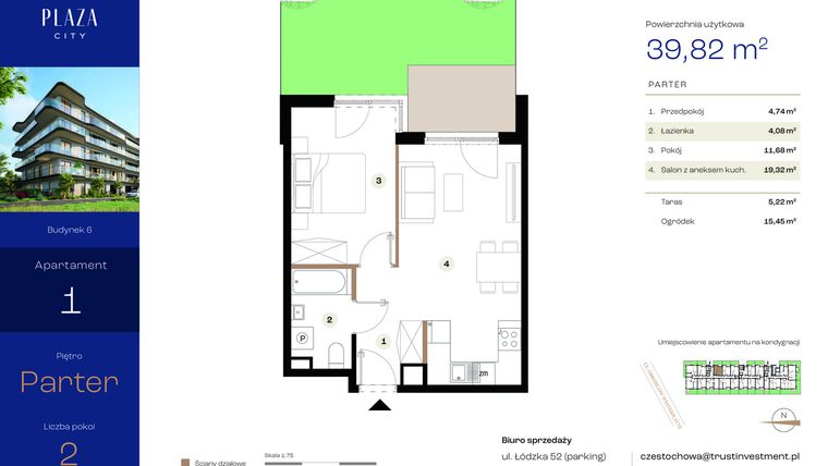 Rzut - Mieszkanie na sprzedaż 2 pokoje o powierzchni 39,82 m² - numer B6M1 w Plaza City