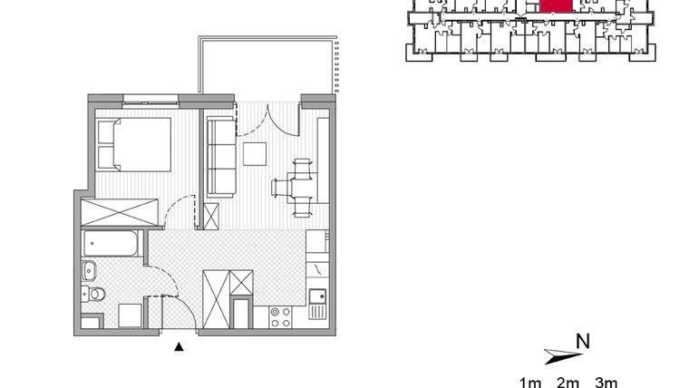 Rzut - Mieszkanie na sprzedaż 2 pokoje o powierzchni 34,74 m² - numer 48 w ul. Powstańców/os. Piastów bud. F