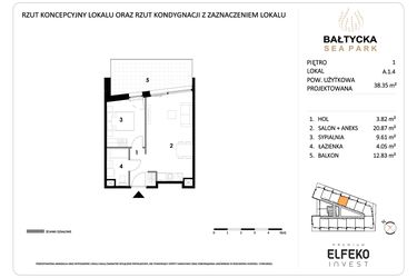 Rzut - Mieszkanie na sprzedaż 2 pokoje o powierzchni 38,35 m² - numer A.1.4 w Bałtycka Sea Park