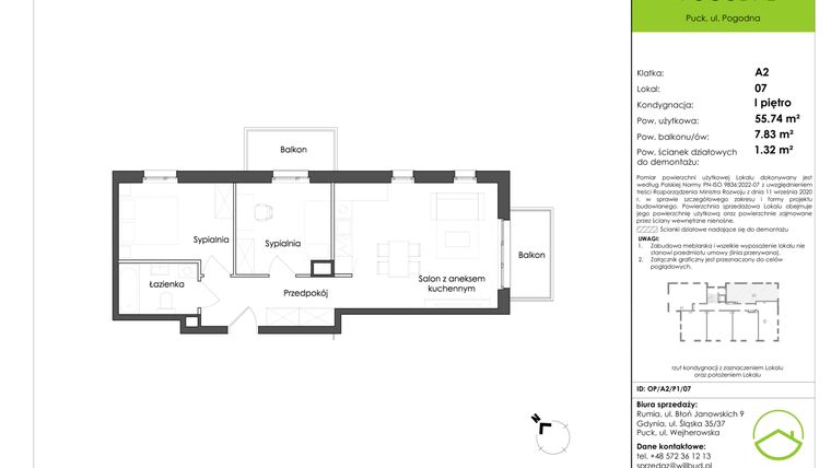 Rzut - Mieszkanie na sprzedaż 3 pokoje o powierzchni 55,74 m² - numer OP/A2/P1/07 w Osiedle Pogodne etap I