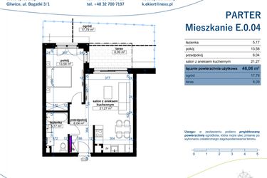 Rzut - Mieszkanie na sprzedaż 2 pokoje o powierzchni 46,06 m² - numer E.0.04 w Wzgórze Poetów 2