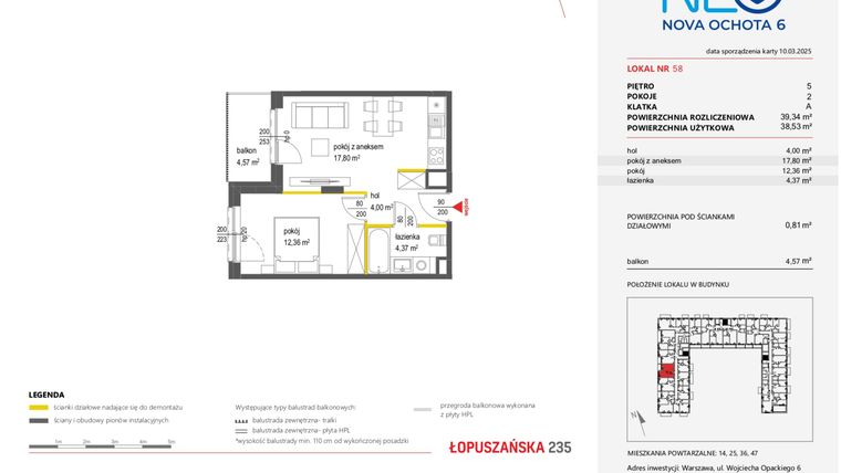 Rzut - Mieszkanie na sprzedaż 2 pokoje o powierzchni 39,34 m² - numer 58 w Neo Nova Ochota 6