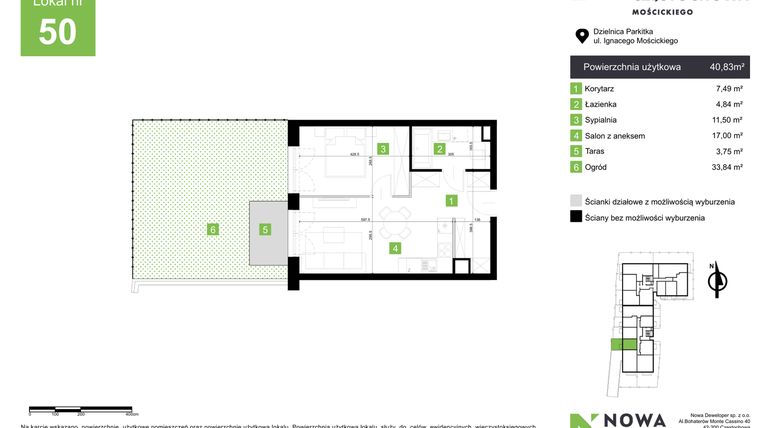 Rzut - Mieszkanie na sprzedaż 2 pokoje o powierzchni 40,83 m² - numer M50 w Nowa Częstochowa Mościckiego