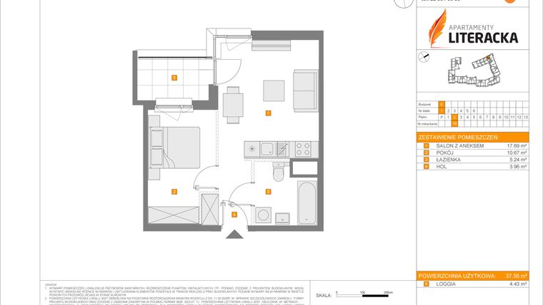 Rzut - Mieszkanie na sprzedaż 2 pokoje o powierzchni 37,56 m² - numer E.18 w Apartamenty Literacka etap 2.2