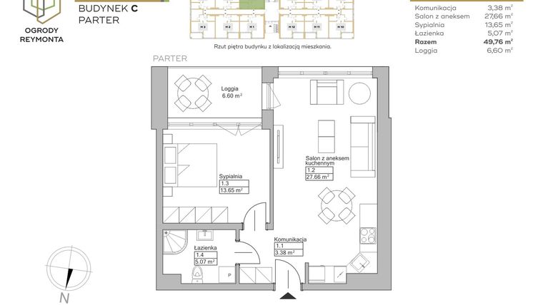 Rzut - Mieszkanie na sprzedaż 2 pokoje o powierzchni 49,76 m² - numer M6 w Ogrody Reymonta