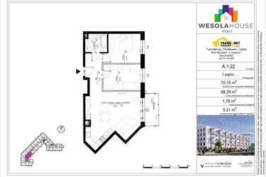 Rzut - Mieszkanie na sprzedaż 3 pokoje o powierzchni 68,39 m² - numer A.1.22 w Wesoła House Etap II