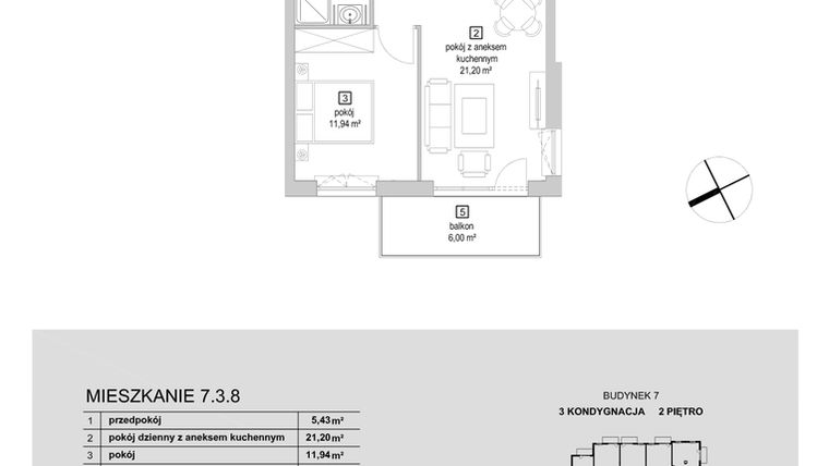 Rzut - Mieszkanie na sprzedaż 2 pokoje o powierzchni 44,67 m² - numer 7.3.8 w Osiedle Przyjemne IV