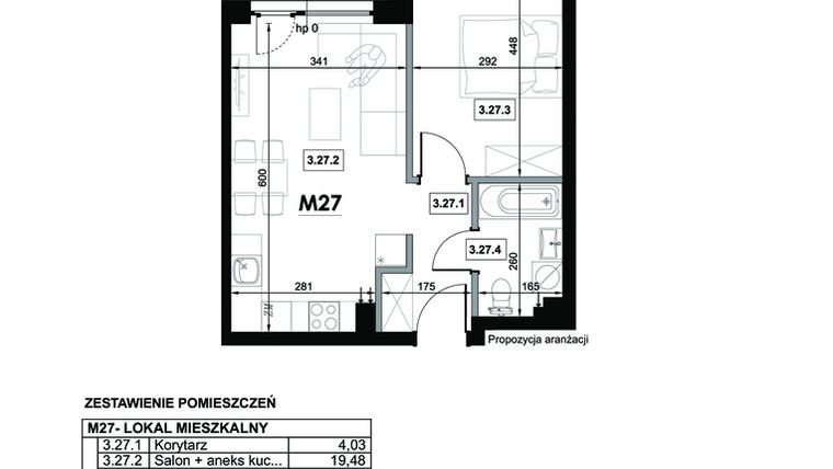 Rzut - Mieszkanie na sprzedaż 2 pokoje o powierzchni 40,7 m² - numer M27 w Miejska Premium II