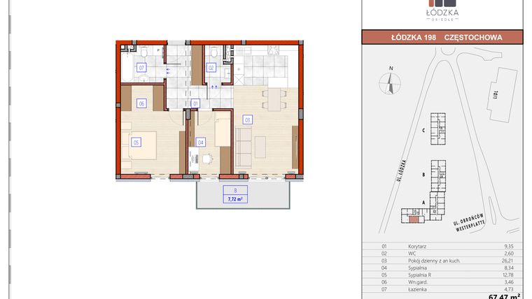 Rzut - Mieszkanie na sprzedaż 3 pokoje o powierzchni 67,47 m² - numer A.M.10 w Łódzka Osiedle