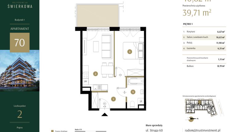 Rzut - Mieszkanie na sprzedaż 2 pokoje o powierzchni 40,82 m² - numer 70 w Rezydencja Świerkowa