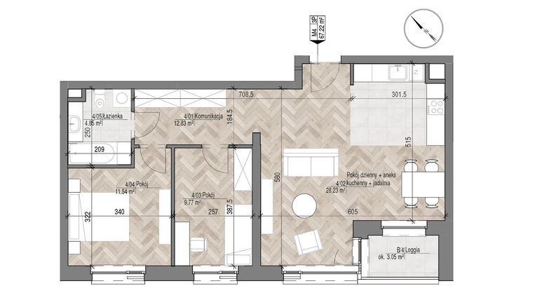 Rzut - Mieszkanie na sprzedaż 3 pokoje o powierzchni 67,22 m² - numer 4 w Apartamenty Czysta