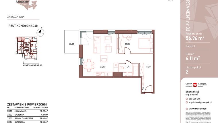 Rzut - Mieszkanie na sprzedaż 2 pokoje o powierzchni 56,96 m² - numer 33 w Kopalniana