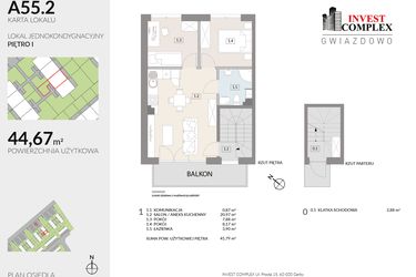 Rzut - Mieszkanie na sprzedaż 3 pokoje o powierzchni 44,67 m² - numer A55.2 w Osiedle Gwiazdowo etap 6B
