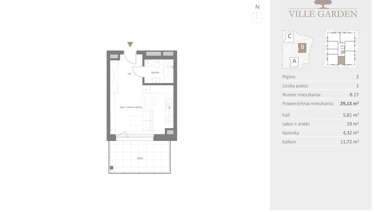 Rzut - Mieszkanie na sprzedaż 1 pokój o powierzchni 29,13 m² - numer B.17 w Ville Garden