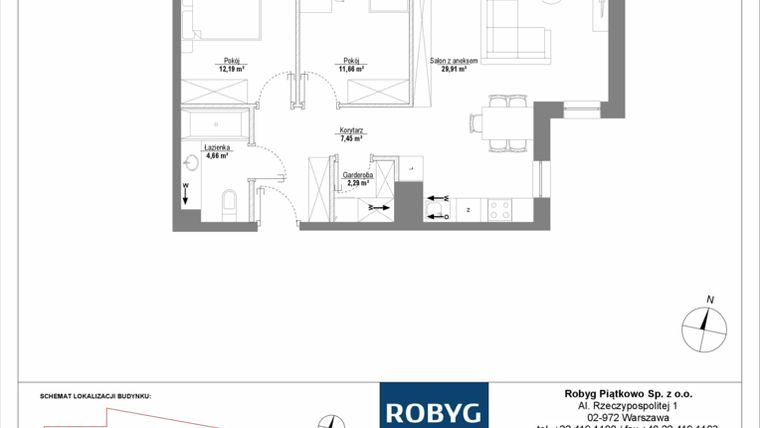 Rzut - Mieszkanie na sprzedaż 3 pokoje o powierzchni 68,16 m² - numer H1_2M03 w Piątkowo Residence etap II