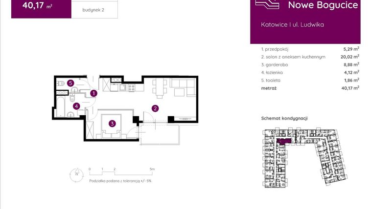 Rzut - Mieszkanie na sprzedaż 1 pokój o powierzchni 40,17 m² - numer 2.A.2.02 w Murapol Nowe Bogucice