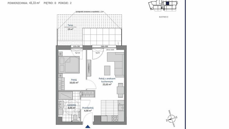 Rzut - Mieszkanie na sprzedaż 2 pokoje o powierzchni 43,33 m² - numer D.0.4 w Nowa Dąbrowa bud. DE