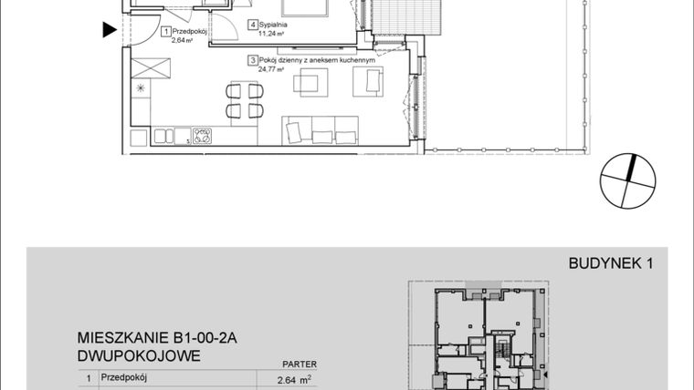 Rzut - Mieszkanie na sprzedaż 2 pokoje o powierzchni 43,11 m² - numer B1-00-2A w Nowa Francuska