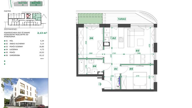 Rzut - Mieszkanie na sprzedaż 3 pokoje o powierzchni 56,11 m² - numer B.0.1 w Apartamenty Pszczyńska