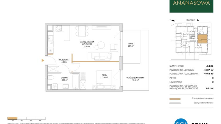 Rzut - Mieszkanie na sprzedaż 2 pokoje o powierzchni 49,68 m² - numer A.0.02 w Ananasowa