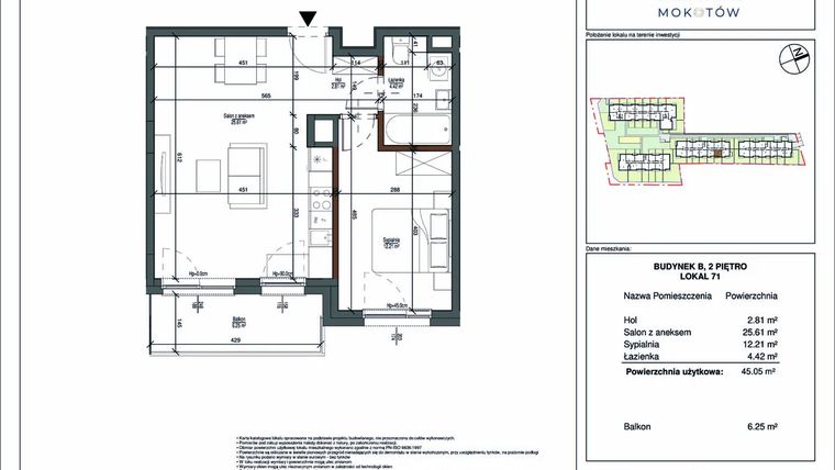 Rzut - Mieszkanie na sprzedaż 2 pokoje o powierzchni 45,05 m² - numer 71 w Aura Mokotów II