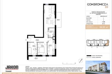 Rzut - Mieszkanie na sprzedaż 3 pokoje o powierzchni 69,35 m² - numer 1.C40 w Gombrowicza 33
