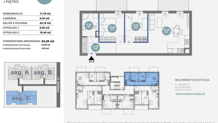 Rzut - Mieszkanie na sprzedaż 3 pokoje o powierzchni 61,06 m² - numer C1.3 w Nowy Radzionków