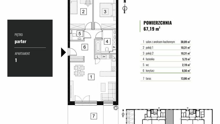 Rzut - Mieszkanie na sprzedaż 3 pokoje o powierzchni 67,19 m² - numer M.01 w Zielony Horyzont
