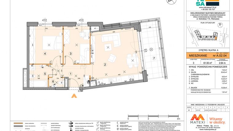 Rzut - Mieszkanie na sprzedaż 3 pokoje o powierzchni 61,55 m² - numer A.02.04 w Sokratesa 11a