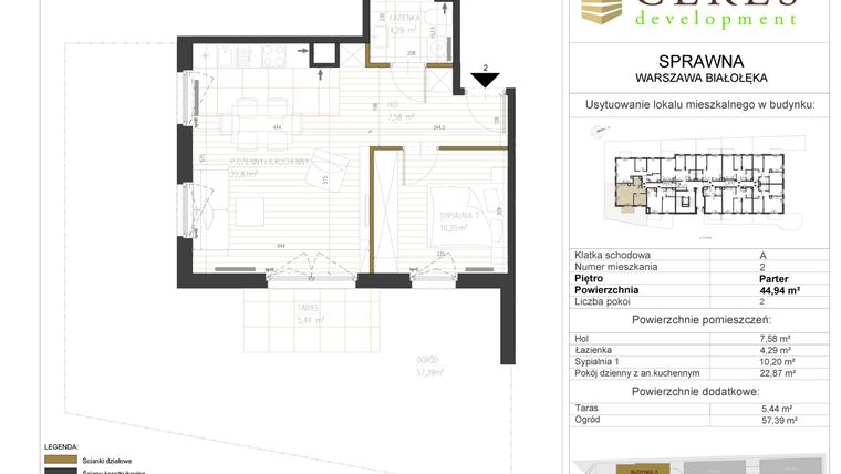 Rzut - Mieszkanie na sprzedaż 2 pokoje o powierzchni 44,94 m² - numer A2 w Osiedle Sprawna