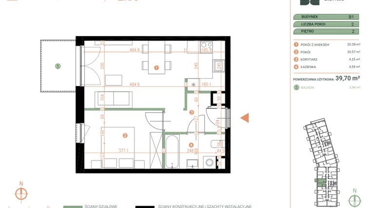 Rzut - Mieszkanie na sprzedaż 2 pokoje o powierzchni 39,7 m² - numer M.02.05 w Casa Feliz Portowa II