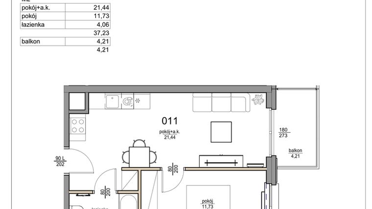 Rzut - Mieszkanie na sprzedaż 2 pokoje o powierzchni 37,23 m² - numer 11 w Rezydencja Liwska 3